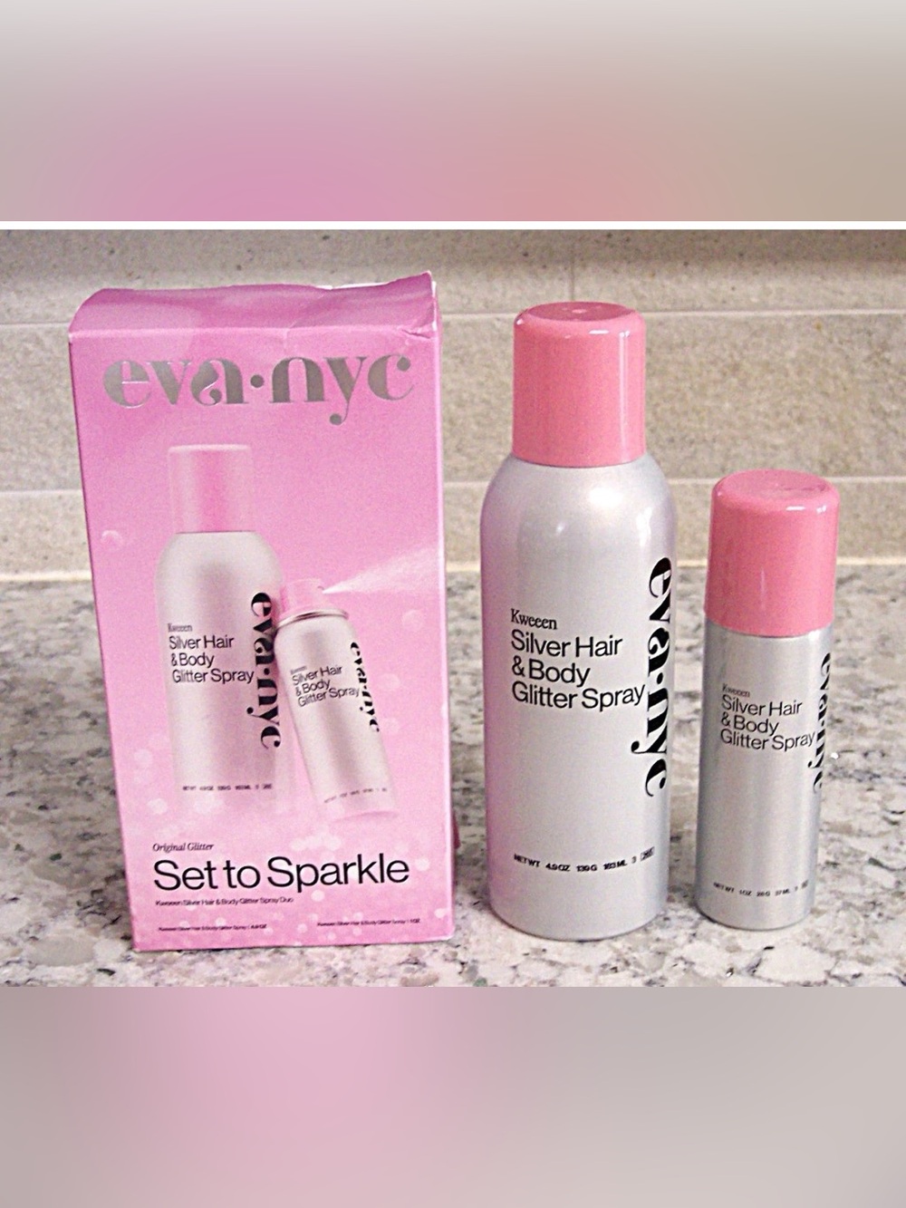 Eva NYC Kweeen Silver Hair & Body Glitter Spray Set to Sparkle FULL & Travel Sz